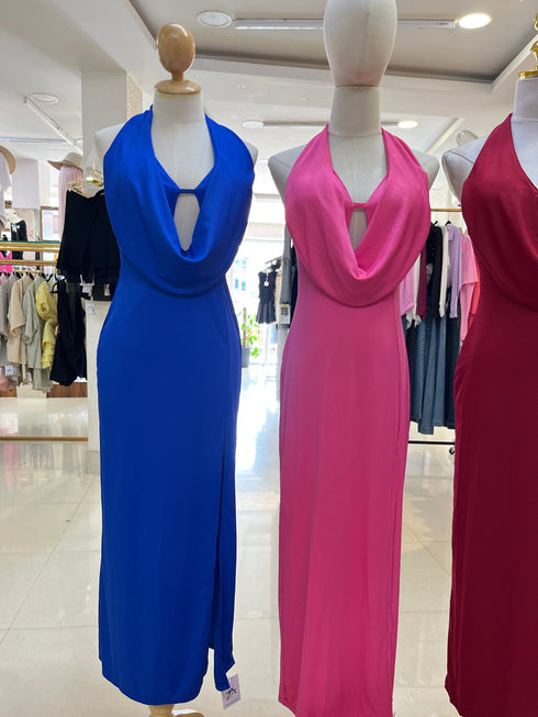 Stylist Backless Halter Neck Cowl Neckline Long Side Slit Dress